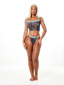 SUMWON WOMEN Ensemble crop top en maille imprimé léopard et string avec détails de bordure bleue contrastée. Lingerie, vêtements de nuit et tenue de détente pour la Saint-Valentin - Multicolore - Voir 3