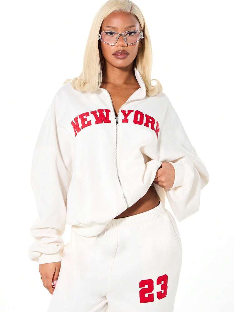 SUMWON WOMEN Oversized Zip Through Hoodie With Text Print