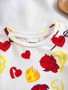 SHEIN HOT STUFF Baby Boy Cute Cartoon Print Round Neck Short Sleeve T-Shirt And Shorts Pajama Set, Summer - Red and White - View 3