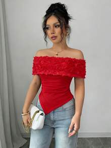 Rafferiza Women Romantic Valentine's Day Red 3D Rose Flower Off Shoulder Large Lapel, Ruched Irregular Hem Slim FitRuched Women Elegant Ruched Bodycon T-Shirt,Spring/Summer Red Off Shoulder Top Red Tops Women Sexy Red Top Women Cute Red Top Red Tube Top - Red - View 4