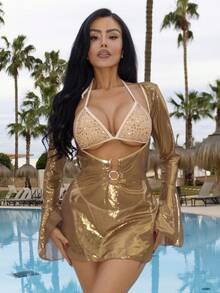 Swim SXY Women's Sheer Mesh Flare Sleeve Cover Up, Sexy Glitter Casual Beach Vacation Party Top - Gold - View 1
