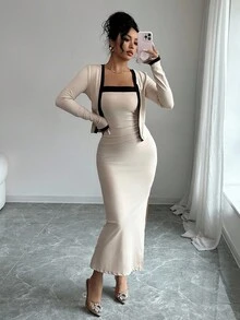 Elenzga petite 2件組女款優雅拼色開襟長袖上衣與細肩帶洋裝套裝，適合夏季派對、度假、休閒日常穿著，小碼女款 - 米色 - 查看 8