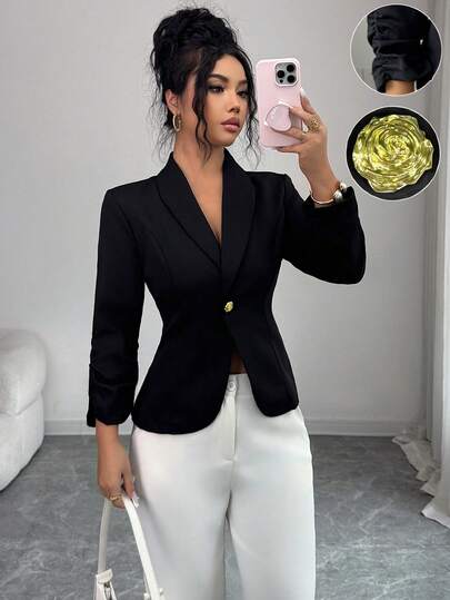 Elenzga Elegant Rose Gold Metal Button Waist Cinched Shawl Neck Black Long Sleeve Women Thin Blazer