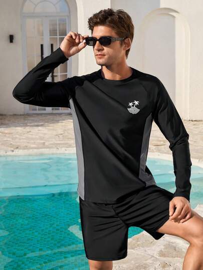 Manfinity Swimmode Men's Crew Neck Raglan Sleeve Contrast Color Beach Swimwear Cover Up