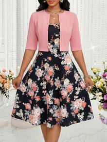 SHEIN Lady Bộ đồ hai mảnh mùa xuân hè lãng mạn với màu sắc tươi sáng, nhẹ nhàng, thanh lịch gồm váy dài và áo khoác ngắn. - màu đen - Xem 3