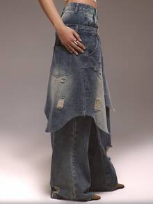 MUSERA Distressed Layered Double Skirt Detail Jeans Winter Streetwear Going Out Casual Western Born Faded - Medium Wash - View 5