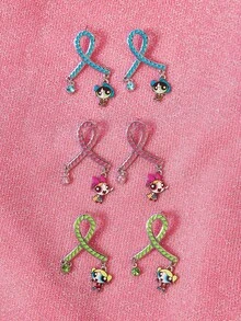 THE POWERPUFF GIRLS X SHEIN 1 Set Fashion Zinc Alloy Cartoon Pattern Printed Rhinestone Stud Earrings, Simple & Elegant, Suitable For Party, Concert, Festival - Platinum - View 1