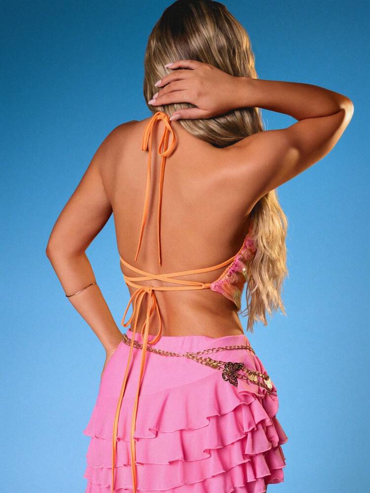 MISSGUIDED Sequin Cami Tank Top With Gradient Sunset Ombre Design And Open Back Tie Details Party Festival Summer