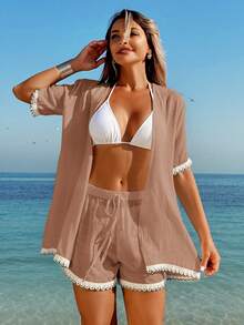 Swim Vcay 2pcs Solid Ruffle Trim Shirt And Shorts Set, Vacation Beach Fashion Summer Outfit For Women - Khaki - View 4