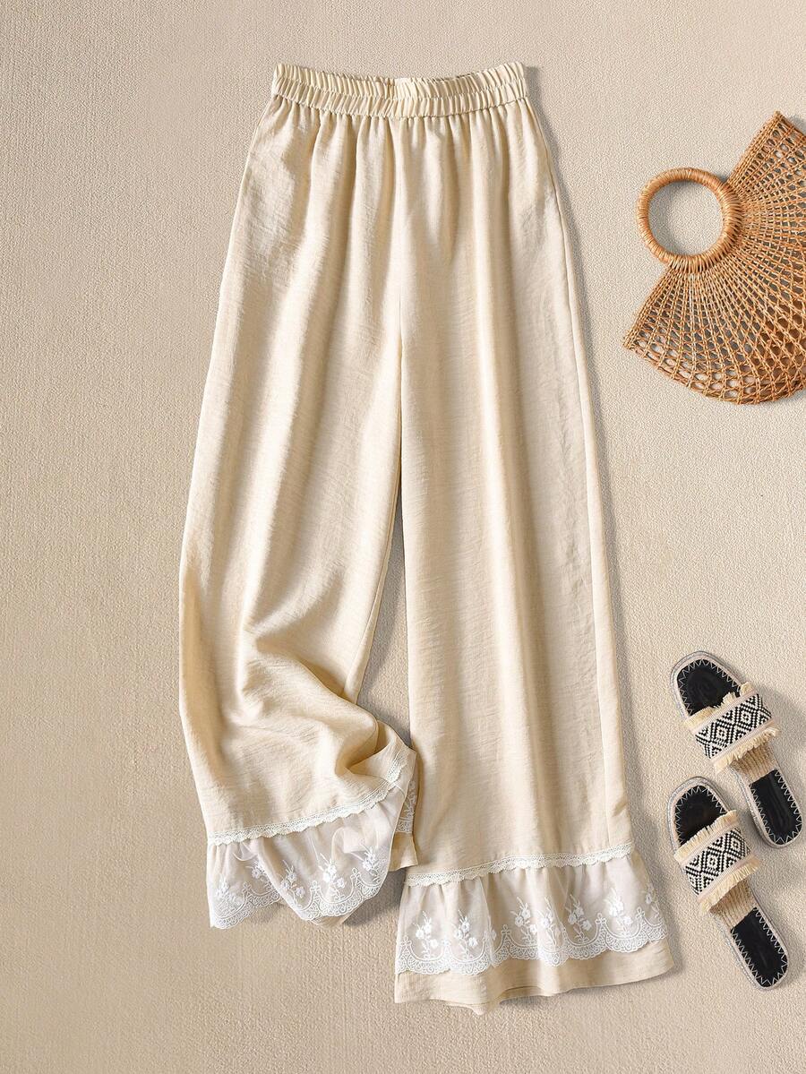 Rusticease Pantalones sueltos casuales de mujer con parches de encaje - Albaricoque - Ver 1