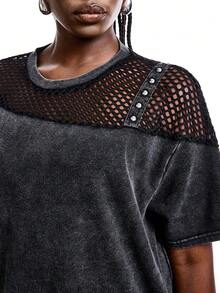 SHEIN EZwear 大码网眼拼接宽松T恤，春夏女式网眼上衣，女士超大码T恤，女士超大码破洞T恤 - 深灰色 - 查看 4