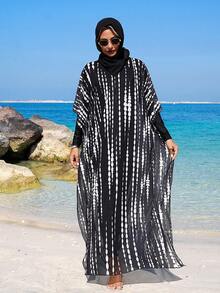 Swim Mulvari Đầm midi dáng rộng tay lửng bằng vải lưới kẻ sọc dành cho nữ mùa hè, thích hợp mặc đi biển, kiểu kaftan, thích hợp cho kỳ nghỉ. - màu đen - Xem 3