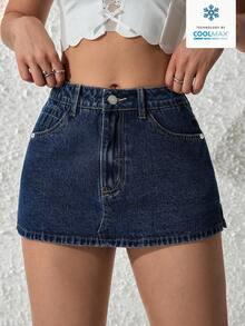 SHEIN PETITE 女士纯色休闲系带牛仔短裤，夏季时尚 - 深色水洗藍 - 查看 6