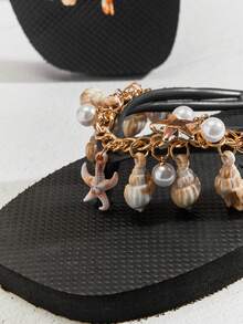 SHUZIA Women's Seashell Starfish Multi-Elements Bracelet Flip Flops Pool Sandals - Black - View 4