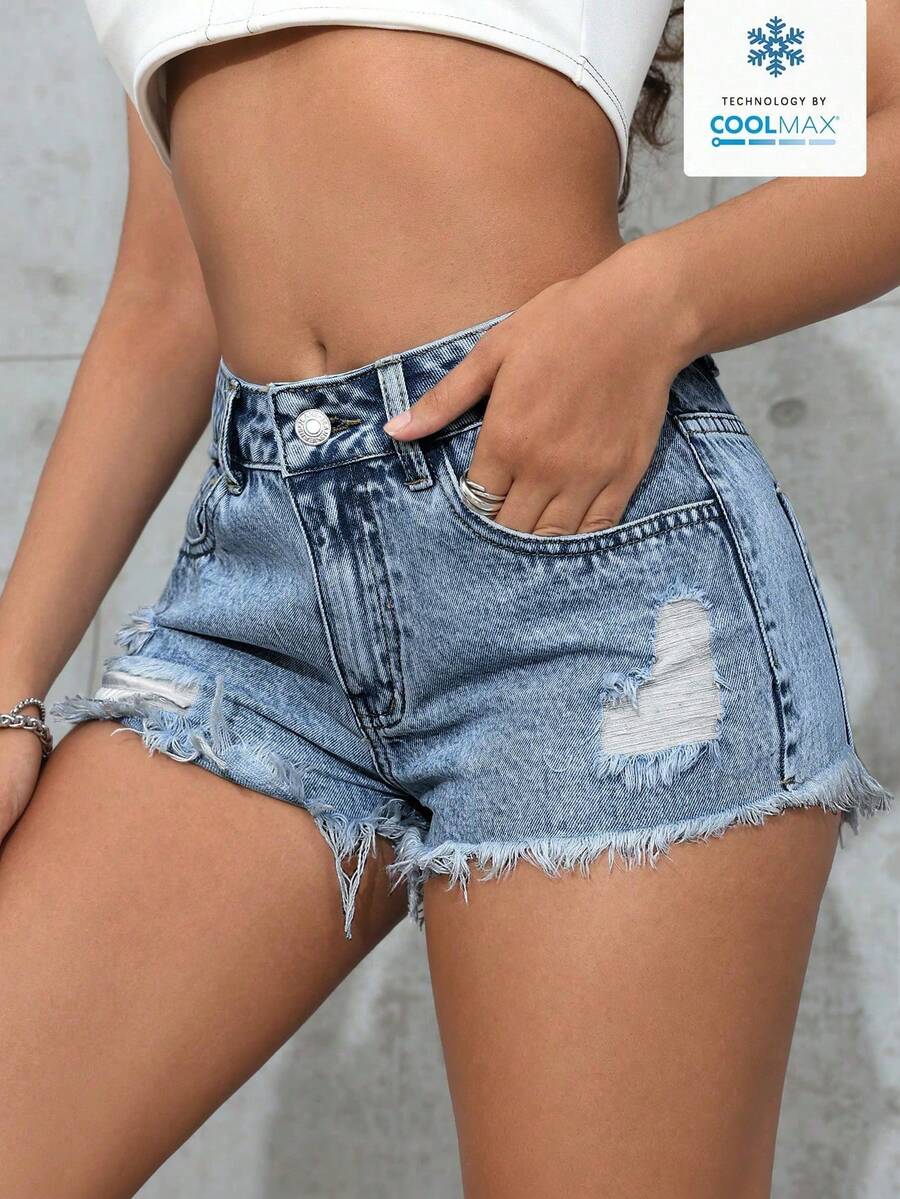 SHEIN PETITE Quần short denim rách tua rua kiểu cổ điển, quần short denim có túi, đa năng cho mùa hè. - Rửa nhẹ - Xem 1