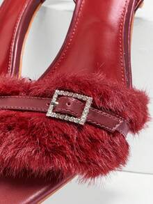 SHUZIA Women's Elegant Pointed Toe Faux Fur Decor Kitten Heel Sling-Back Sandals Valentine's Day - Red - View 7