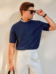 Manfinity Homme Men's Casual Knit Short Sleeve Top, Summer Men's Resort Outfit Cruise Outfit For Men Greece Vacation Outfit Men Blue And White Outfit Men Knit Top Men,Spring/Sunmmer,Holiday  Easter - Army Green - View 4