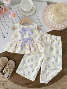 LMoss Kids 2pcs Baby Girl Ditsy Floral Woven Casual Vest And Pants Set - Multicolor - View 5