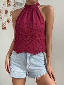 Firerie 女士时尚网纱刺绣露肩上衣，夏季 - 酒紅色 - 查看 3