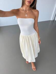 Aloruh Women's Apricot Elegant Romantic Modern Fashionable Date Night Dinner Daily Commute Fitted Waist Ruched Strapless Dress, Spring/Summer - Apricot - View 7