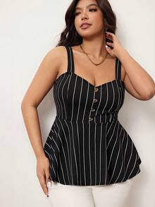 Enliva Camiseta sin mangas con botones y estampado de rayas para mujeres de talla grande, para silueta de manzana y redondeada, para el verano - Negro - Ver 5