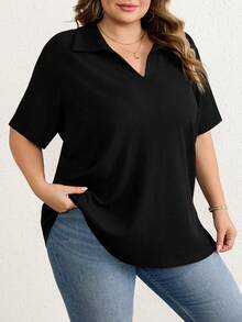 SHEIN CURVE+ 大码女式纯色 Polo 领短袖休闲百搭 T 恤/2026/新年 - 黑色 - 查看 6