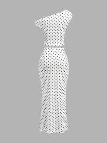 Firerie Kids Firerie Kids 少女时尚休闲黑白波点不对称领短袖修身T恤+鱼尾裙套装，适合海滩度假 - 黑與白 - 查看 3