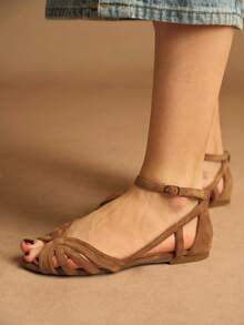 Rosivie 夏季新款女士棕色绒面编织绑带凉鞋，绑带包覆式露趾高跟罗马鞋，时尚通勤宴会鞋 - 卡其色 - 查看 4
