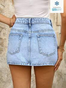 Chân váy ngắn denim tối giản màu trơn dành cho nữ - Rửa nhẹ - Xem 2