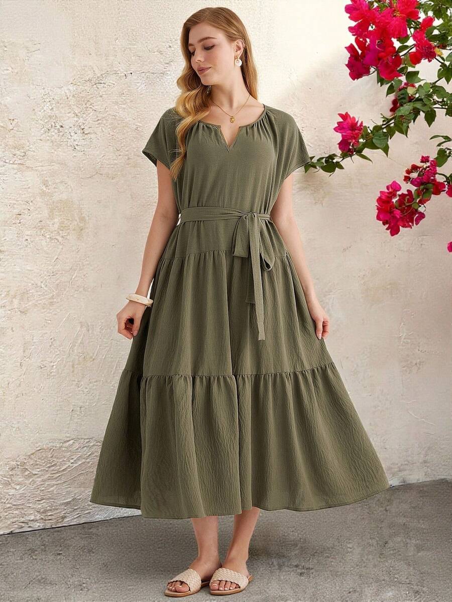 Parysyn 大码梭织休闲优雅夏季度假连衣裙