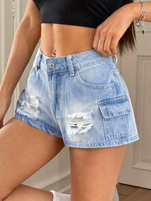 Rivivi 女士休闲百搭日常牛仔短裤，带口袋和做旧设计 - 淺色水洗藍 - 查看 3