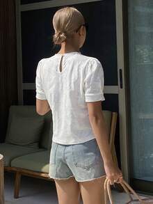 Livesso Women's Loose Fit T-Shirt With Textured White Puff Sleeves, Summer - White - View 2