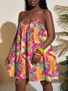 Slaydiva Spring/Summer Women's Sleeveless Halter Mini Dress/New Music Festival/Western /Boho/Easter/Nashville/Birthday/Graduation Student Daily/Casual All-Match Versatile Leisure/Cruise/Travel Beach Sunbathing/Vacation/Vibrant Floral Sleeveless Halter Mini Dress - Multicolor - View 4