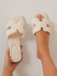 SHUZIA Women Plush Square Toe Fashionable Comfortable Flat Sandals For Home Summer Shoes Spring Shoes Spring Break Easter Vacation Shoes Casual Shoes Beach Shoes Mother's Day Present For Christmas - Beige - View 2