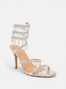 Glitzique Giày cao gót Stiletto cho nữ, thời trang tối giản quai dán đá Rhinestone, mũi tròn, kiểu dáng cơ bản cho mùa hè và mùa thu - Bạc - Xem 7