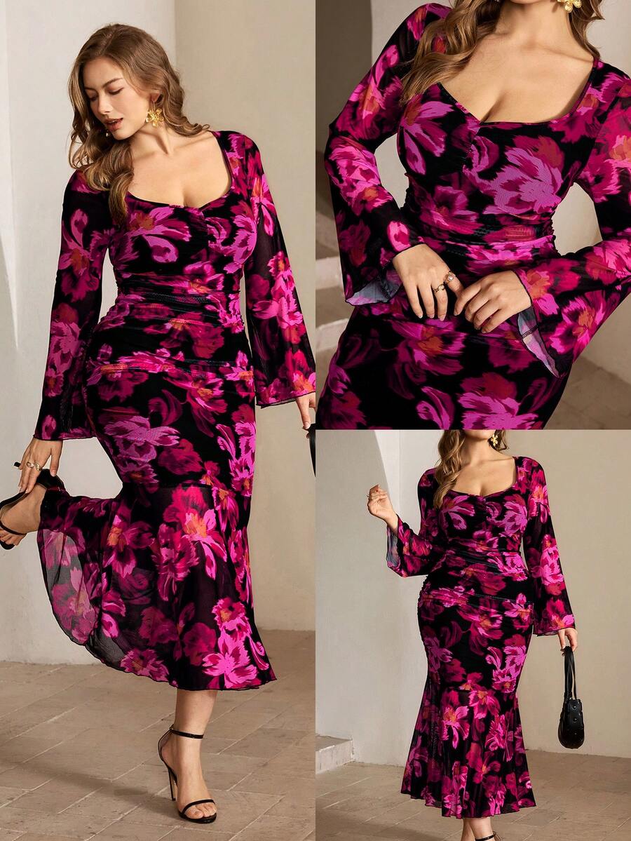 Roveilla Đầm maxi lãng mạn mùa xuân mới dành cho nữ cỡ lớn, tay dài, dáng đuôi cá, xếp ly ở ngực, họa tiết hoa, chất liệu lưới xuyên thấu, đầm dài in hoa, đầm midi hoa dành cho nữ, đầm hoa thanh lịch, đầm nữ tay dài, đầm hoa dài tay, đầm dự tiệc cưới họa tiết hoa, trang phục dự tiệc họa tiết hoa.