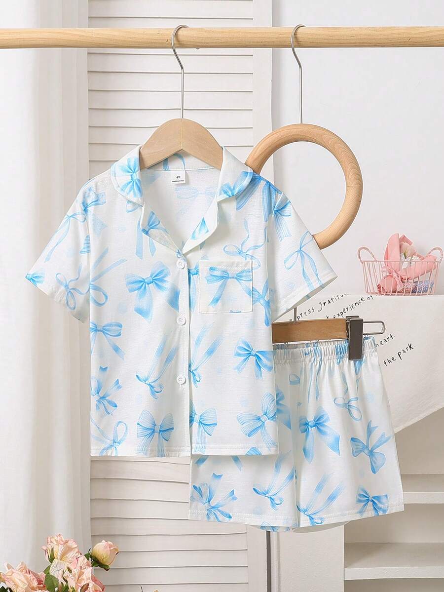 Bộ áo cardigan ngắn tay và quần short màu hồng in nơ dành cho bé gái, chất liệu chống cháy. - Màu xanh nhạt - Xem 1