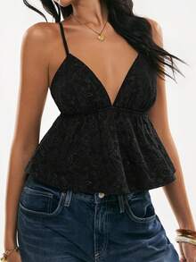 Poéselle 女士休闲度假纯色提花交叉露背吊带娃娃衫，夏季，情人节女士黑色上衣优雅上衣日常及约会之夜必备黑色夏季上衣黑色蕾丝上衣黑色性感上衣可爱黑色上衣娃娃衫女士黑色蕾丝上衣 - 黑色 - 查看 6