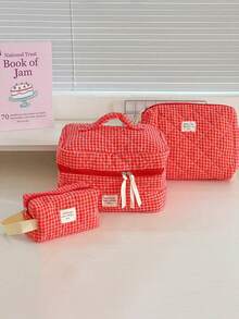 Red Grid Makeup Bag, Portable Quilted Checkered Toiletry Pouch With Large Capacity For Travel - Red - View 2