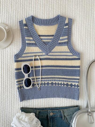 Comfortcana Women's V-Neck Contrast Striped Knit Vest, Sweet & Fashionable Casual Everyday Wear, Suitable For Spring/Summer