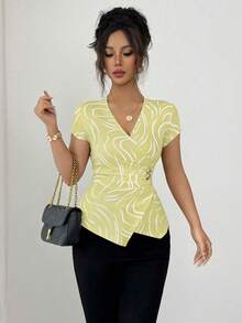 Elenzga Áo kiểu nữ tay ngắn thanh lịch, đính kim loại, xếp ly, thích hợp cho đi làm hàng ngày, đi chơi, hẹn hò, áo nỉ Halloween, đi học, Lễ Tạ ơn. - Nhiều màu - Xem 6