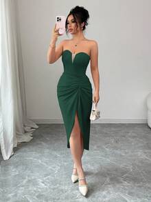 Elenzga V-Neck Ruched Waist Slit Elegant Romantic Women Dress - Dark Green - View 3