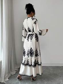 Elenzga Đầm mùa thu thanh lịch với họa tiết in dành cho nữ - Màu be - Xem 2