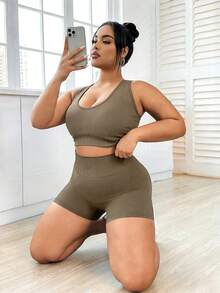 Rhythm Era 2pcs/Set Plus Size Women Deep Coffee Ribbed Knit Seamless Stretchy Sexy Racerback Tank Top And Shorts Yoga Golf Outdoor Casual Sports Set, New - Coffee Brown - View 5