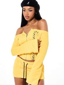 SUMWON WOMEN Off Shoulder Full Zip Yellow Sweatshirt With Flared Long Sleeves Script Text Print Crop Length Fall Winter Casual Top - Yellow - View 6