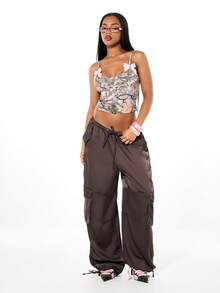 SUMWON WOMEN Women's Satin Cargo Barrel Pants With Side Pockets Elastic Waist Drawstring Loose Wide Leg Trouser Fall Winter Casual - Grey - View 5