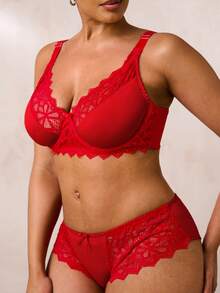 SHEIN BAE 2pcs Plus Size Lace Patchwork Underwire Bra & Panty Set, Lift - Red - View 7