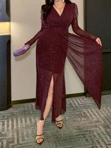 DAZY 女士V领优雅亮片装饰收腰长款连衣裙 - 紫色 - 查看 6