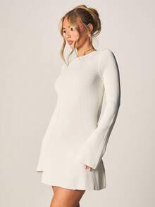 MISSGUIDED Ribbed Knit Long Sleeve Mini Dress Bodycon Fitted Crew Neck Winter Sweater Dress Casual Party Outfit - White - View 4