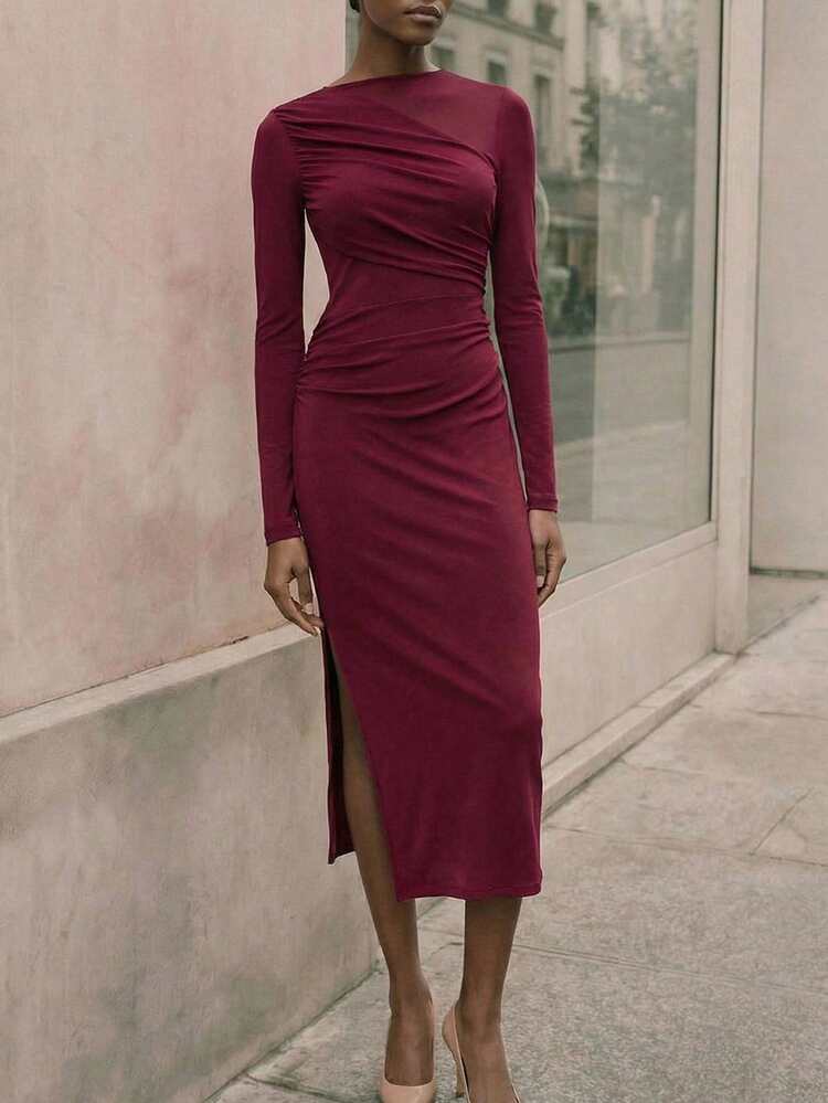 SHEIN Maija Women's Solid Color Round Neck Long Sleeve Pleated Side Slit Hem Fitted Midi Dress, Elegant Office Wear, Music Festival, Valentine's Day, Summer Dress